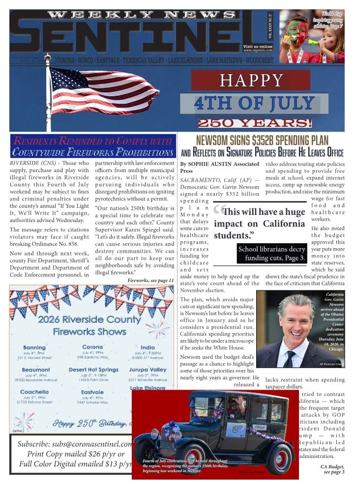 Front page of Sentinel Weekly News, July 3, 2026