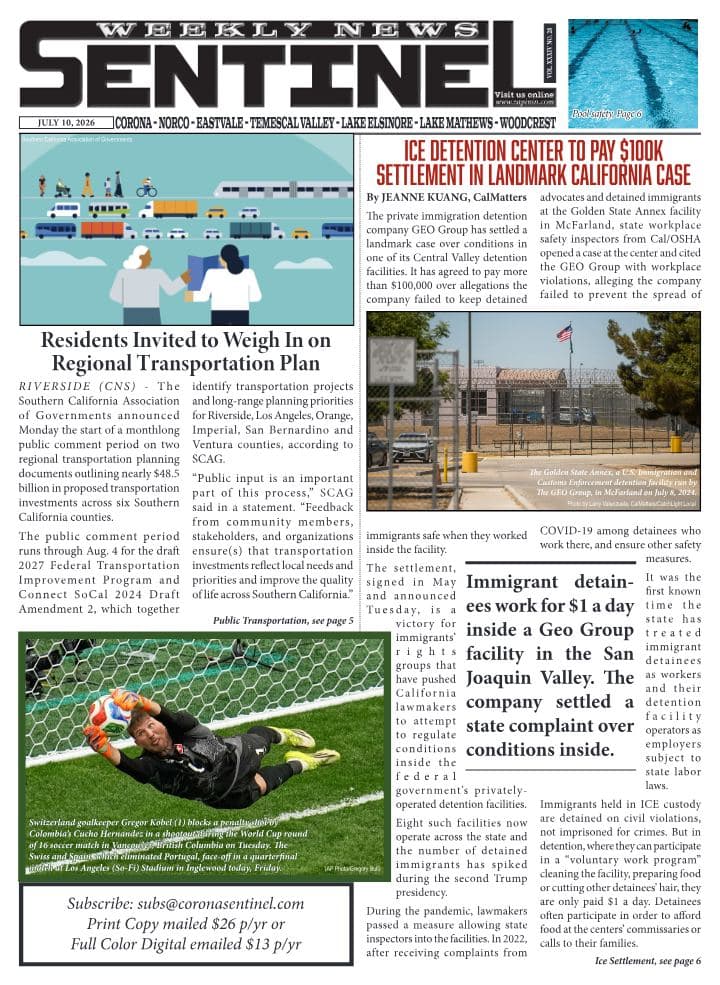 Front page of Sentinel Weekly News, July 10, 2026