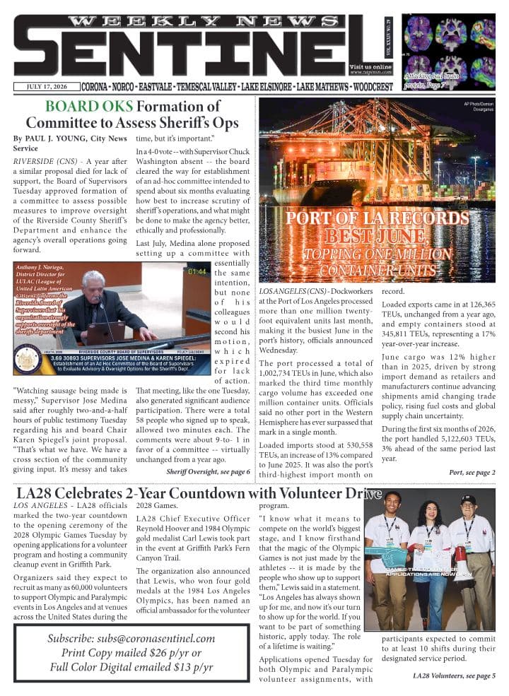 Front page of Sentinel Weekly News, July 17, 2026