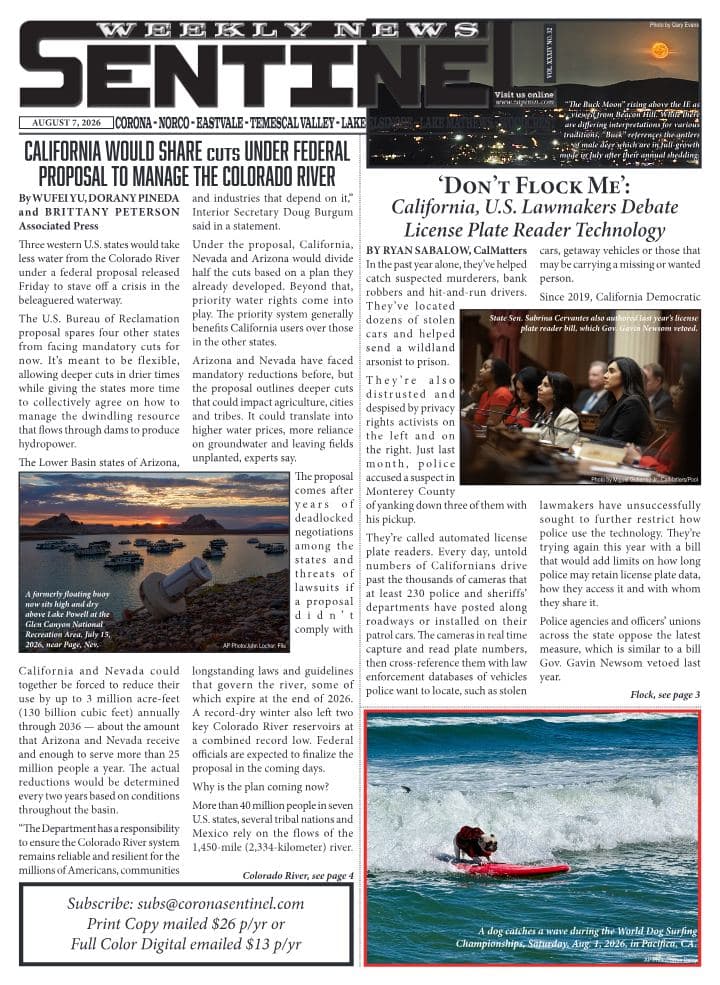 Front page of Sentinel Weekly News, August 7, 2026