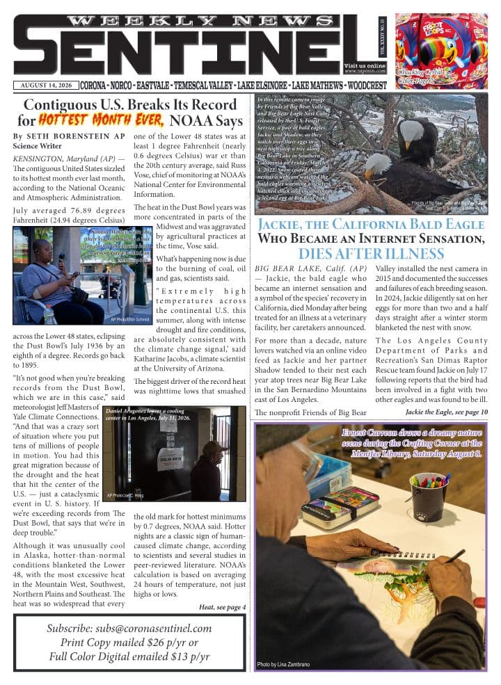 Front page of Sentinel Weekly News, August 14, 2026