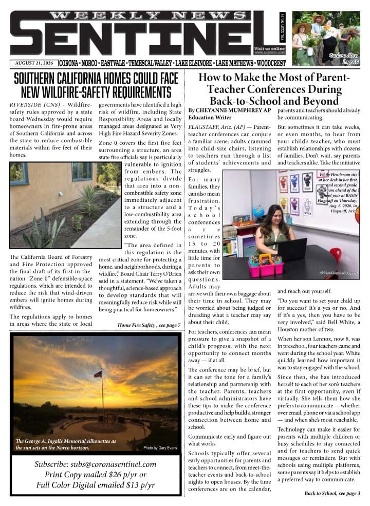 Front page of Sentinel Weekly News, August 21, 2026