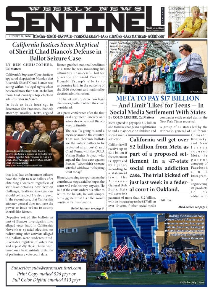Front page of Sentinel Weekly News, August 28, 2026