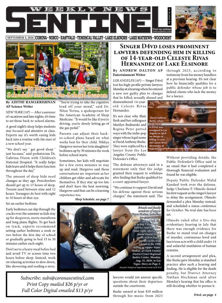 Front page of Sentinel Weekly News, September 4, 2026