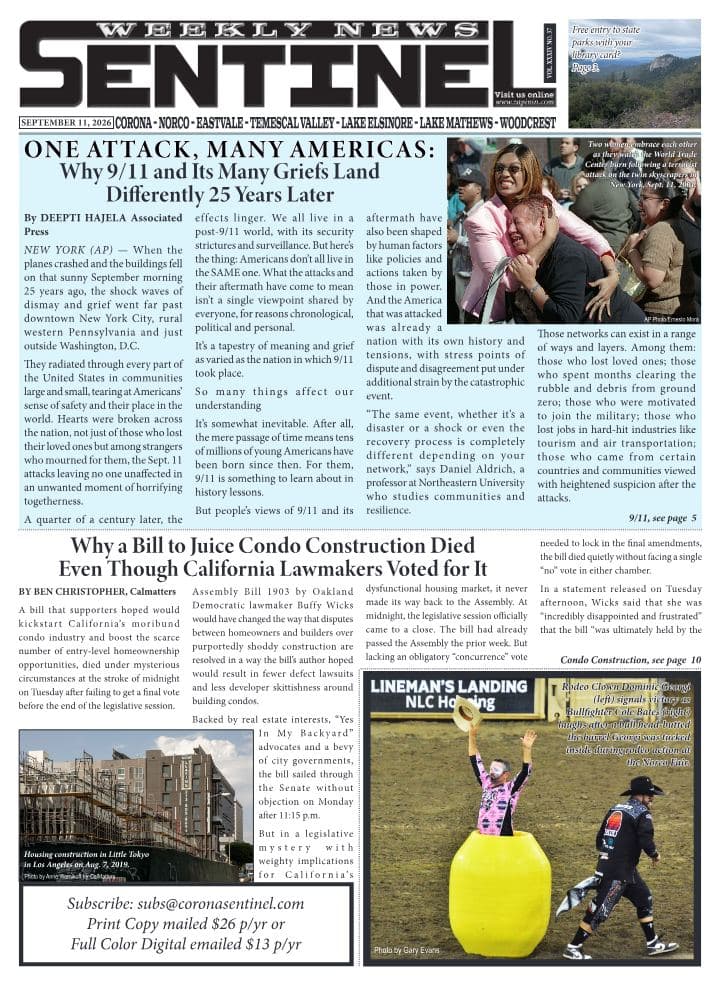 Front page of Sentinel Weekly News, September 11, 2026