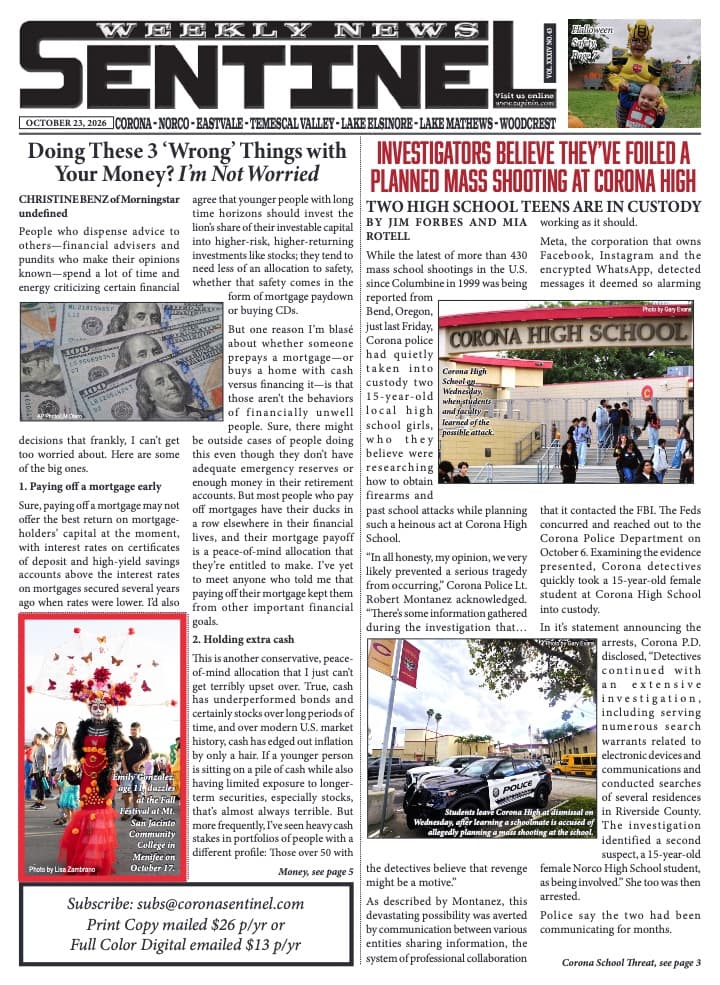 Front page of Sentinel Weekly News, October 23, 2026