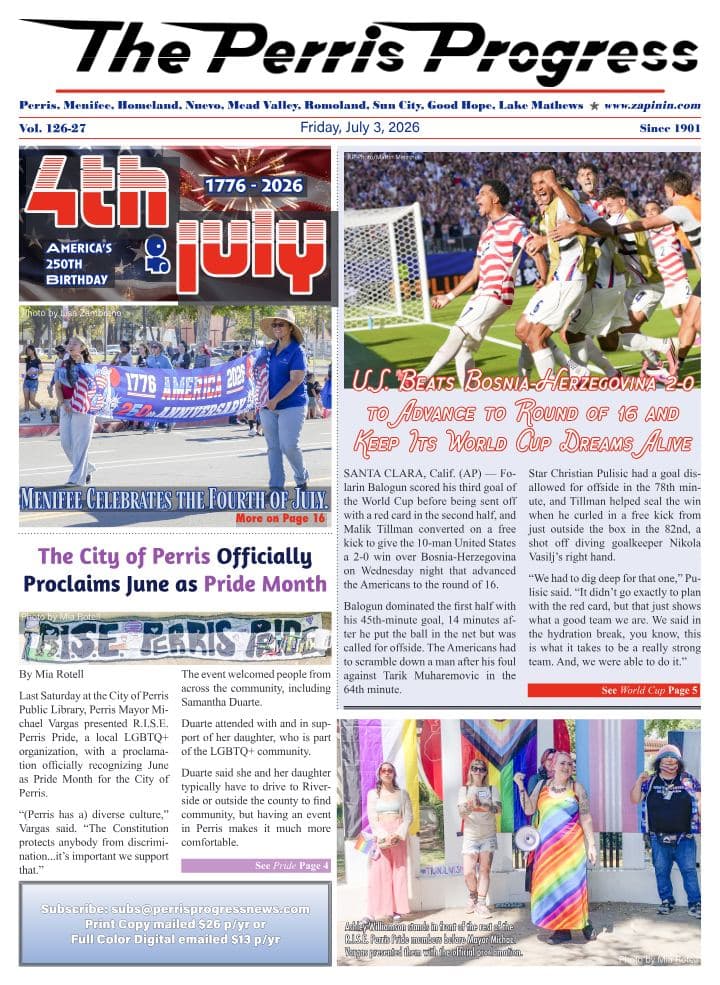 Front page of The Perris Progress, July 3, 2026