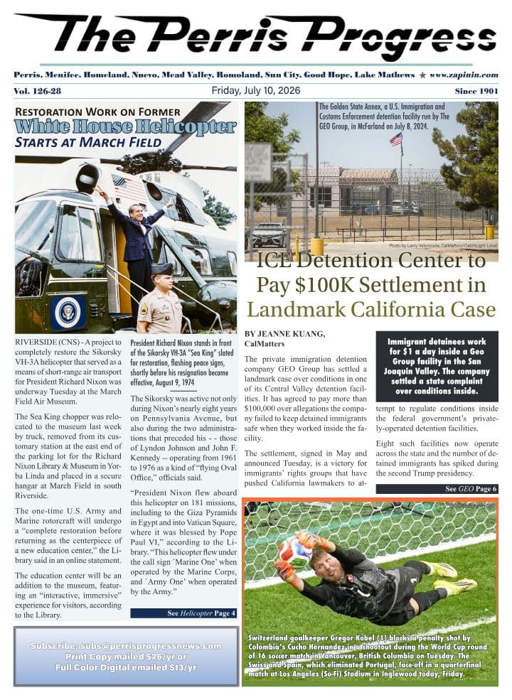 Front page of The Perris Progress, July 10, 2026