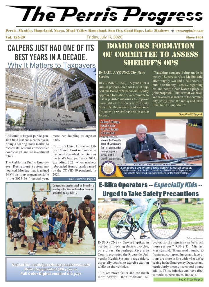 Front page of The Perris Progress, July 17, 2026