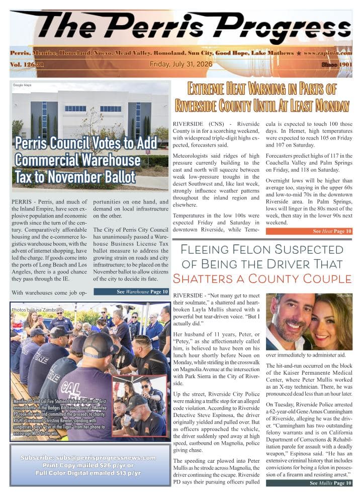 Front page of The Perris Progress, July 31, 2026