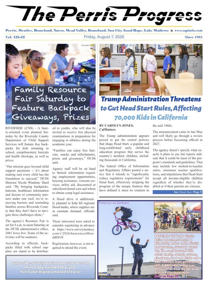 Front page of The Perris Progress, August 7, 2026