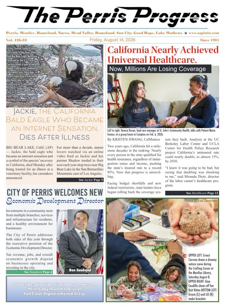 Front page of The Perris Progress, August 14, 2026