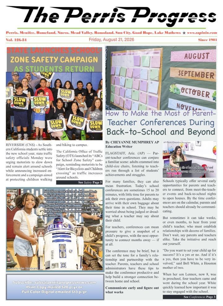 Front page of The Perris Progress, August 21, 2026