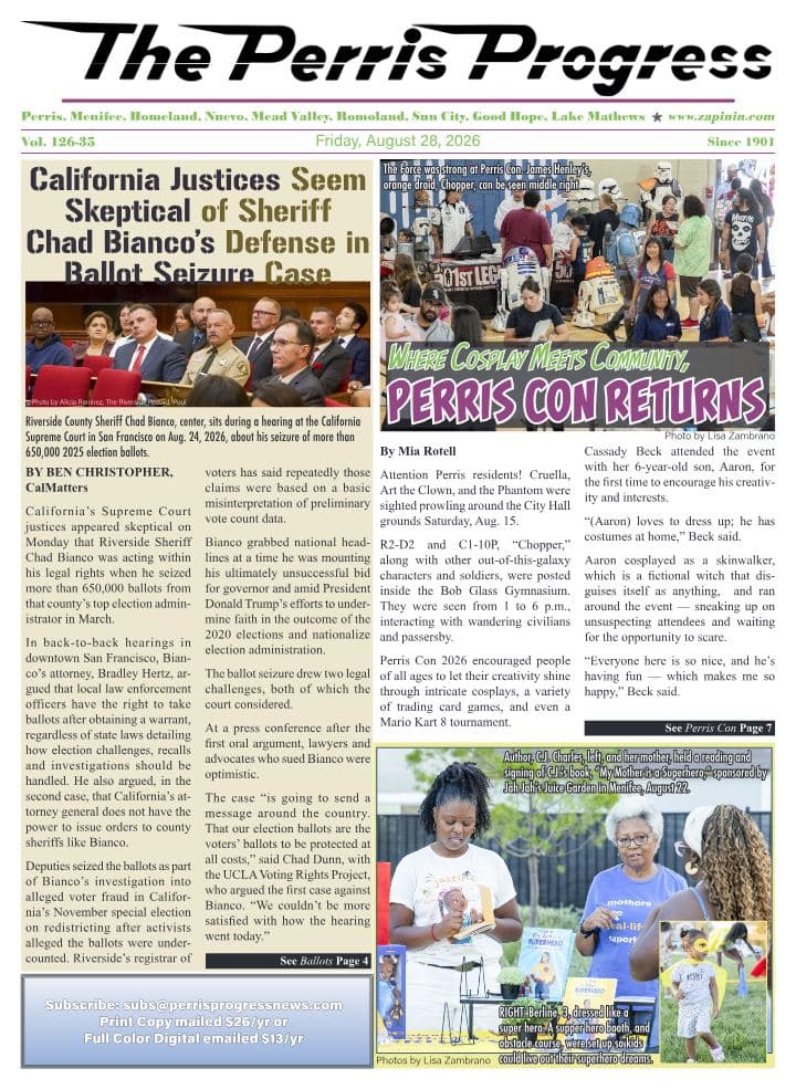 Front page of The Perris Progress, August 28, 2026