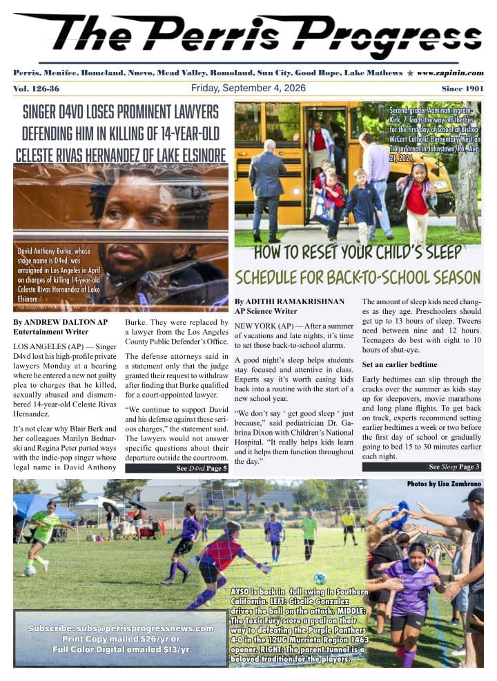 Front page of The Perris Progress, September 4, 2026