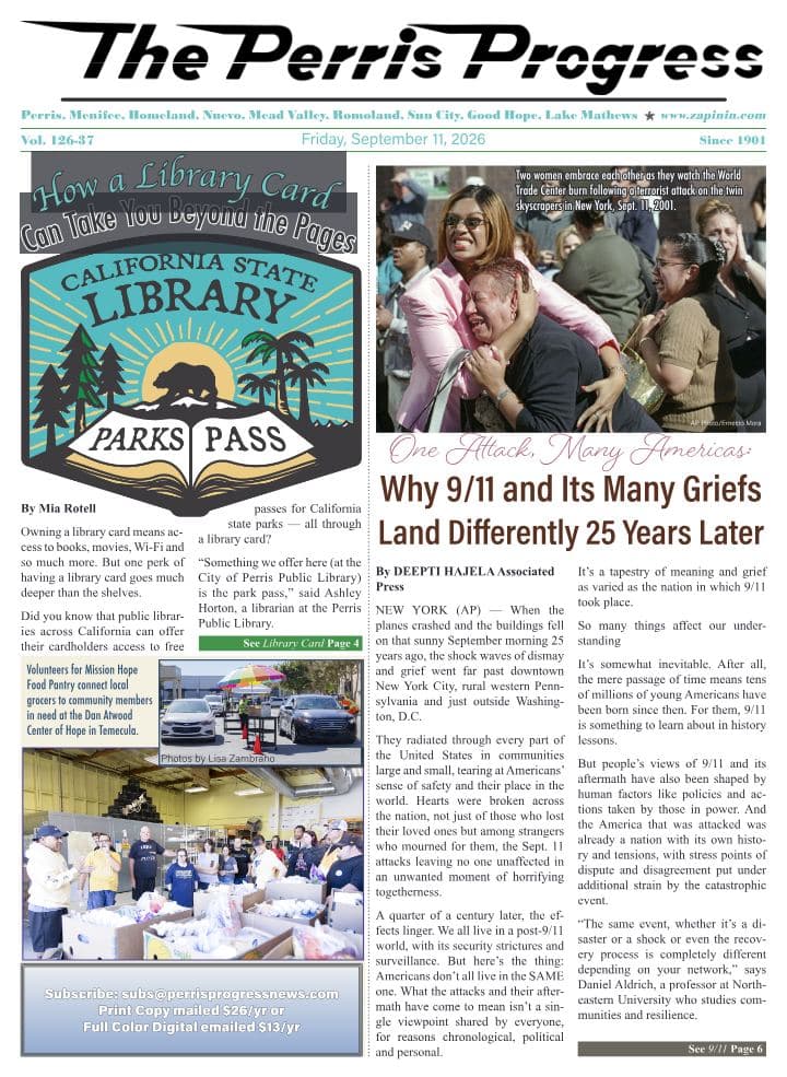 Front page of The Perris Progress, September 11, 2026