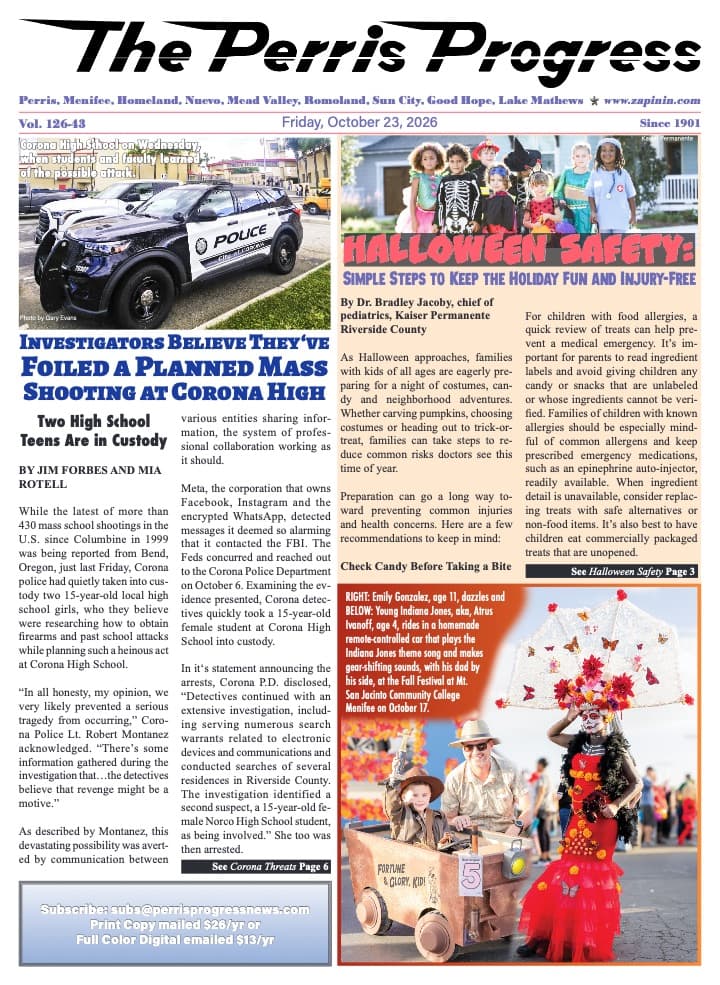 Front page of The Perris Progress, October 23, 2026