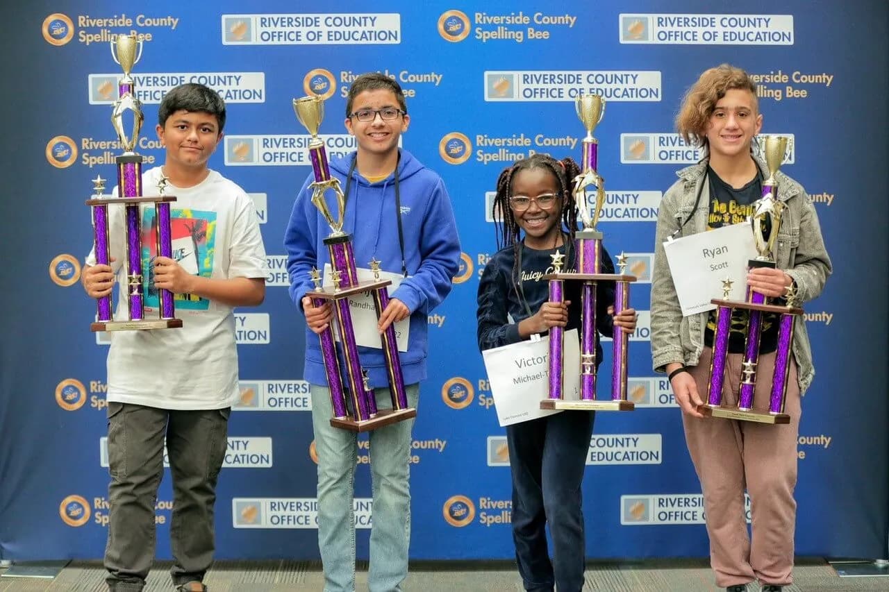 (From L – R) Third place finisher Profess Adhikari, a 6th grade student from River Springs Charter School, first place finisher Avijeet Randhawa, a 7thgrade student from Auburndale Intermediate School in the Corona-Norco Unified School District, second place speller Victoria Michael-Taiwo, a 4thgrade student from Tuscany Hills Elementary School in the Lake Elsinore Unified School District, and fourth place competitor Ryan Scott, a 7th grade student from Eric Stanley Gardner Middle School in the Temecula Valley Unified School District.