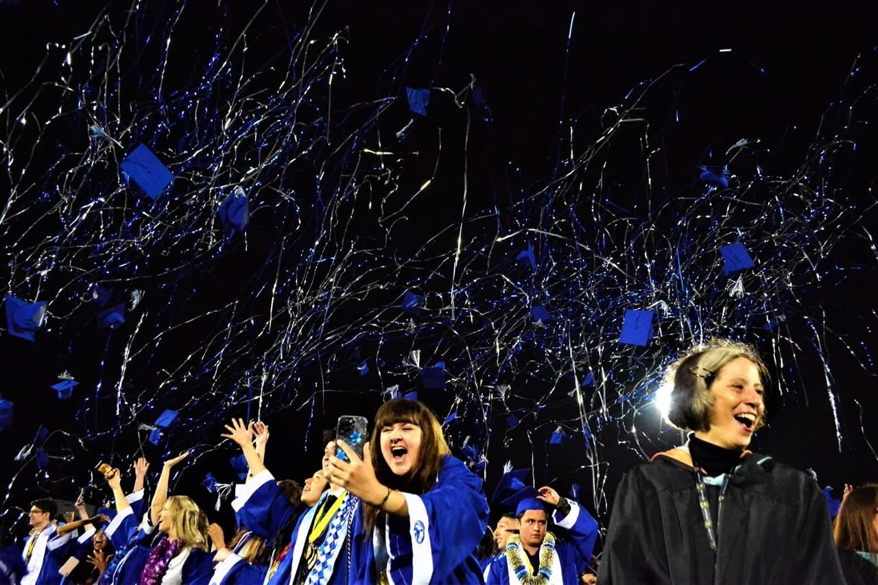 Norco students and teachers celebrate as the Class of 2023 commencement exercises and their high school careers end. Credit: Photo by Gary Evans