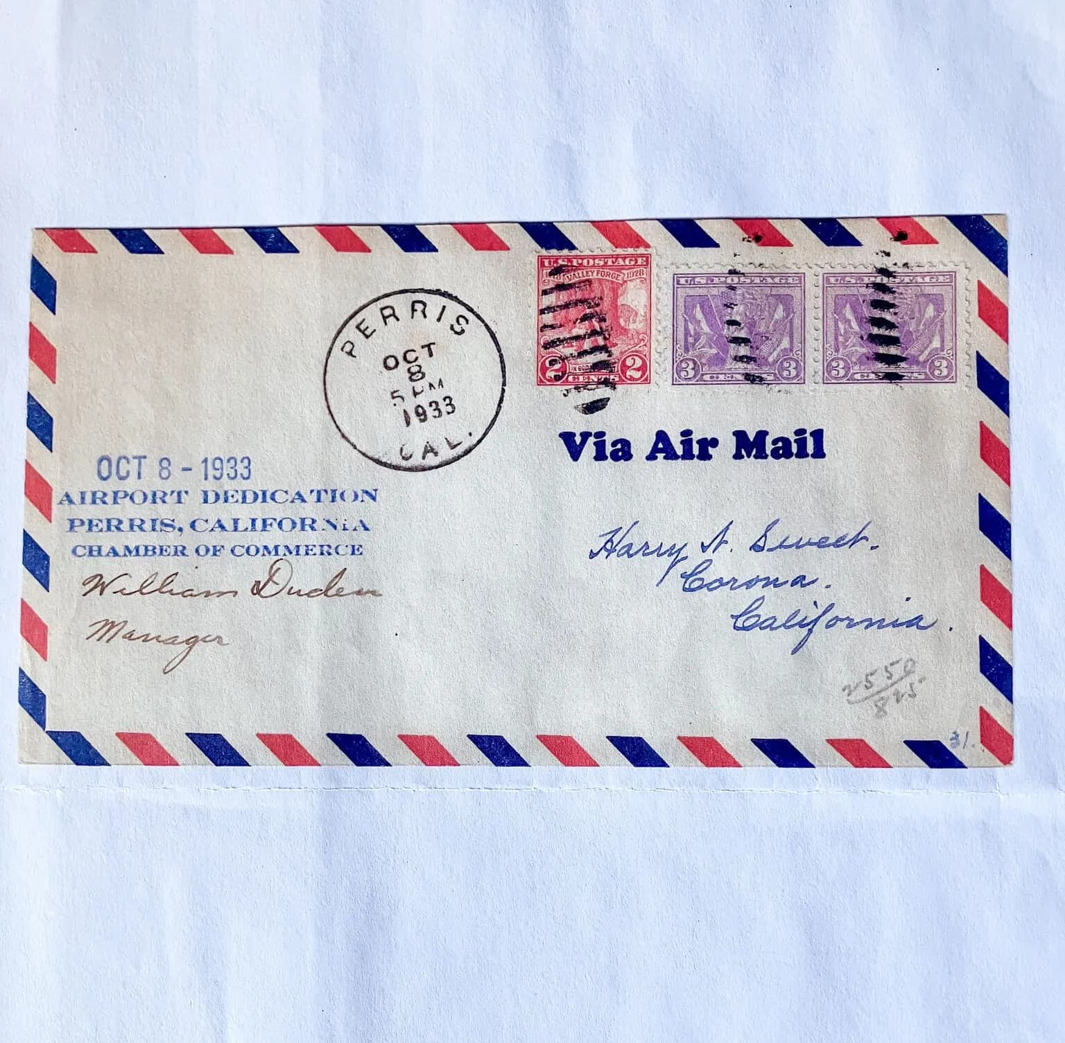 1933 envelope found on eBay, by Perris Valley Historical Society President Katie Keyes commemorating the opening of what is now the Perris Valley Airport. Credit: Pat Conatser