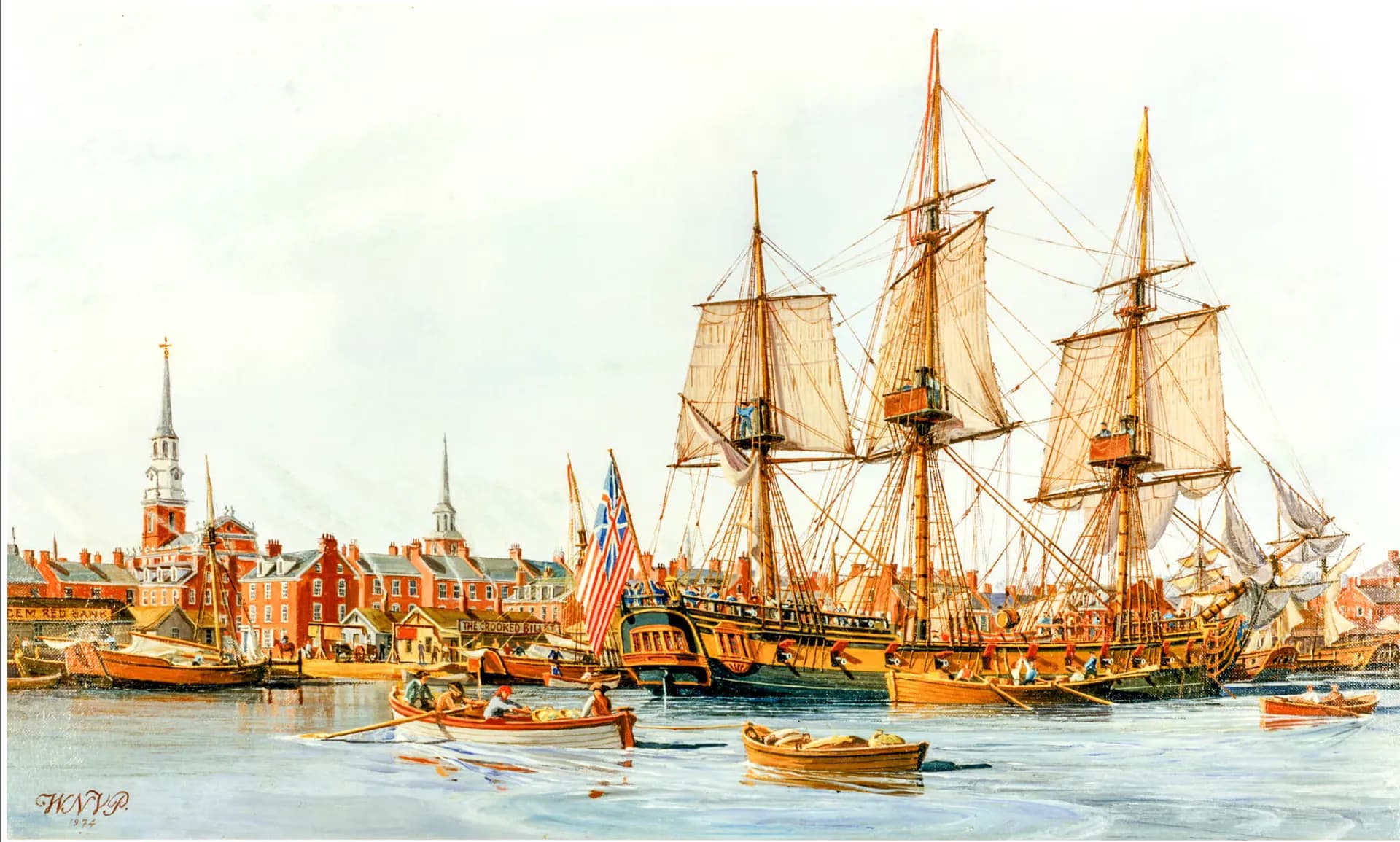 October 13. Continental Ship Alfred (1775-1778) Painting in oils by W. Nowland Van Powell, depicting Lieutenant John Paul Jones raising the Grand Union flag as Alfred was placed in commission at Philadelphia, Pennsylvania. Credit: U.S. Navy Art Collection