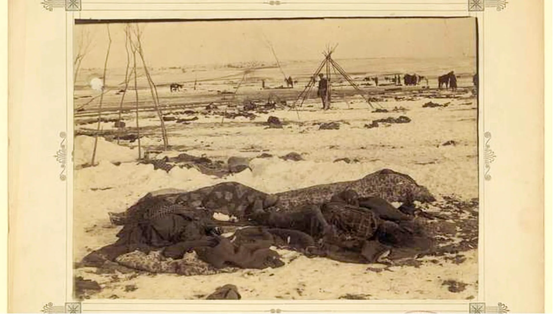 December 29. Caption: Big Foot’s camp three weeks after the Wounded Knee Massacre (Dec. 29, 1890), with bodies of several Lakota Sioux people wrapped in blankets in the foreground and U.S. soldiers in the background. Credit: National Archives