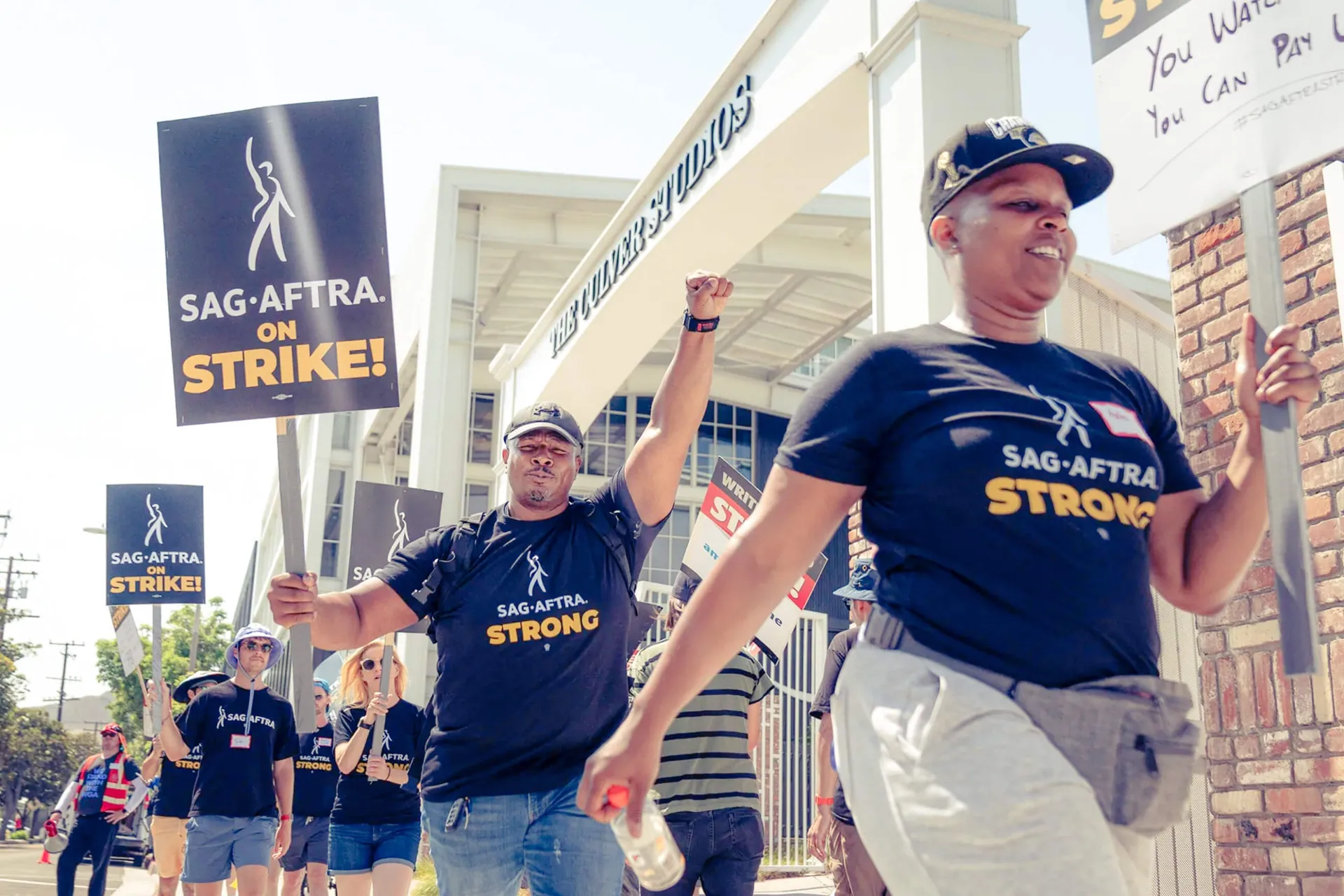 Screen Actors Guild members and Writers Guild of America members picket at the Amazon Culver Studios in Culver City on June 17, 2023. A bill would pay strikers unemployment benefits. Credit: Photo by Julie A Hotz for CalMatters