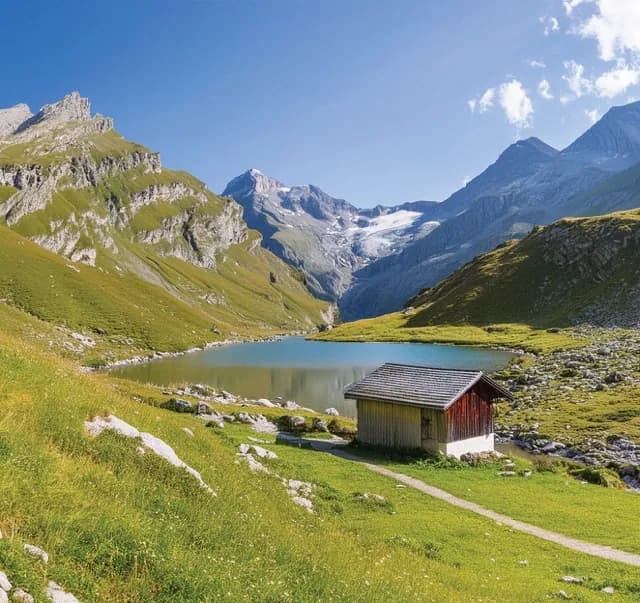 Generative Ai image using the prompt “mountain landscape in the swiss alps with tiny cottage, lake, and river” created with Adobe InDesign