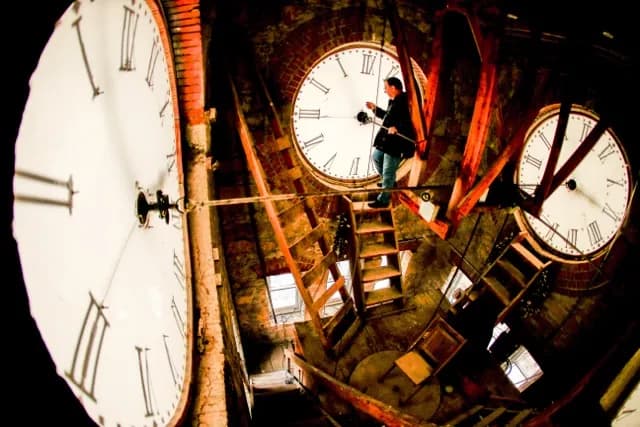 Daylight Saving Time. Custodian Ray Keen inspects a clock face before changing the time on the 100-year-old clock atop the Clay County Courthouse, March 8, 2014, in Clay Center, Kansas. Credit: (AP Photo/Charlie Riedel, File)