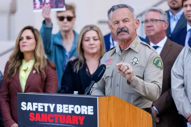 Riverside County Sheriff Chad Bianco speaks at a press conference in support of changing California's 'sanctuary city' law after announcing that he is running for governor of California in 2026, becoming the first major Republican to announce a bid for the office in San Diego, on Feb. 21, 2025. Credit: Photo by Mike Blake, Reuters