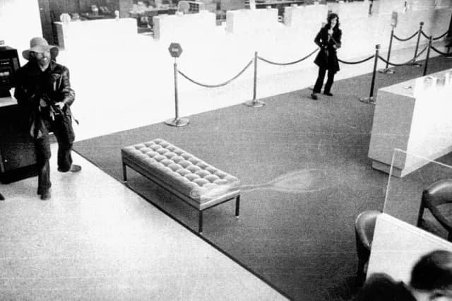 March 20. Hearst, on the right, yelling commands at bank customers; SLA founder Donald DeFreeze, in the hat on the left, points a gun towards the victims. Credit: Hibernia Bank's CCTV system