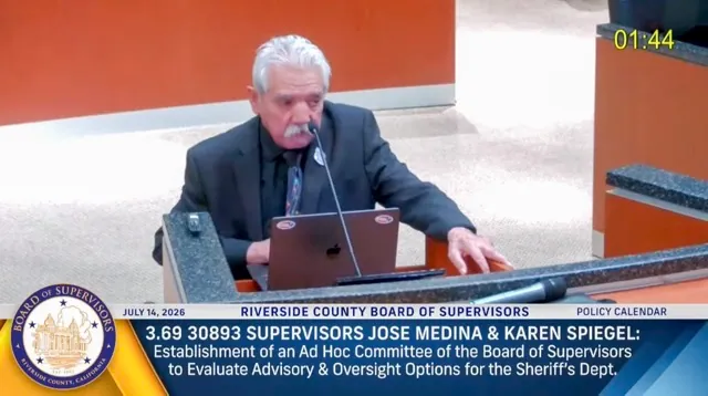 Committee to Assess Sheriff's Ops. Anthony J. Noriega, District Director for LULAC (League of United Latin American Citizens) informs the Riverside Board of Supervisors that his organization strongly supports oversight of the sheriffs department.