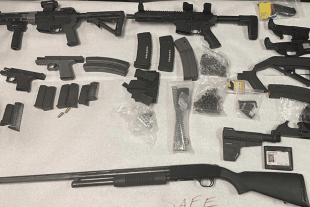 Weapons seized at the Apple Valley home of Steven Allen Schultz who pleaded guilty to threatening Eastvale co-workers in July. Credit Riverside County Sheriff
