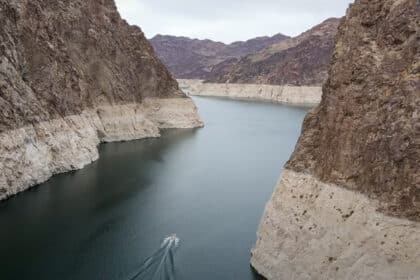 Aerial view of the “bathtub ring” through “The Narrows” in Lake Mead, illustrates the 158 foot drop in the water level over the past 2 decades. According to the Bureau of Reclamation, the level is 1,041 feet and needs to remain at a minimum 1,000 feet to continue operating the hydropower turbines. The nations’ largest reservoir is a critical water supply for 25 million people in 7 states.