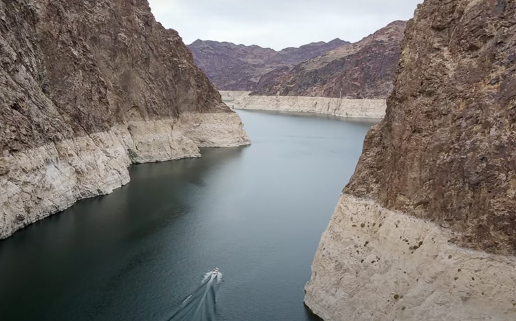Aerial view of the “bathtub ring” through “The Narrows” in Lake Mead, illustrates the 158 foot drop in the water level over the past 2 decades. According to the Bureau of Reclamation, the level is 1,041 feet and needs to remain at a minimum 1,000 feet to continue operating the hydropower turbines. The nations’ largest reservoir is a critical water supply for 25 million people in 7 states.