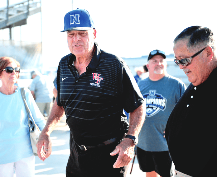 The late Norco High football coach Gary Campbell visiting the program he elevated to prominence, in 2018. Photo by Jerry Soifer
