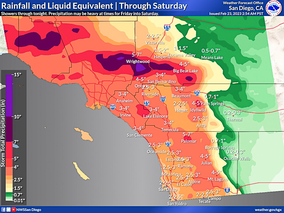 Rain estimate map for California winter storm February 24, 2023