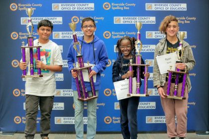 (From L – R) Third place finisher Profess Adhikari, a 6th grade student from River Springs Charter School, first place finisher Avijeet Randhawa, a 7thgrade student from Auburndale Intermediate School in the Corona-Norco Unified School District, second place speller Victoria Michael-Taiwo, a 4thgrade student from Tuscany Hills Elementary School in the Lake Elsinore Unified School District, and fourth place competitor Ryan Scott, a 7th grade student from Eric Stanley Gardner Middle School in the Temecula Valley Unified School District.