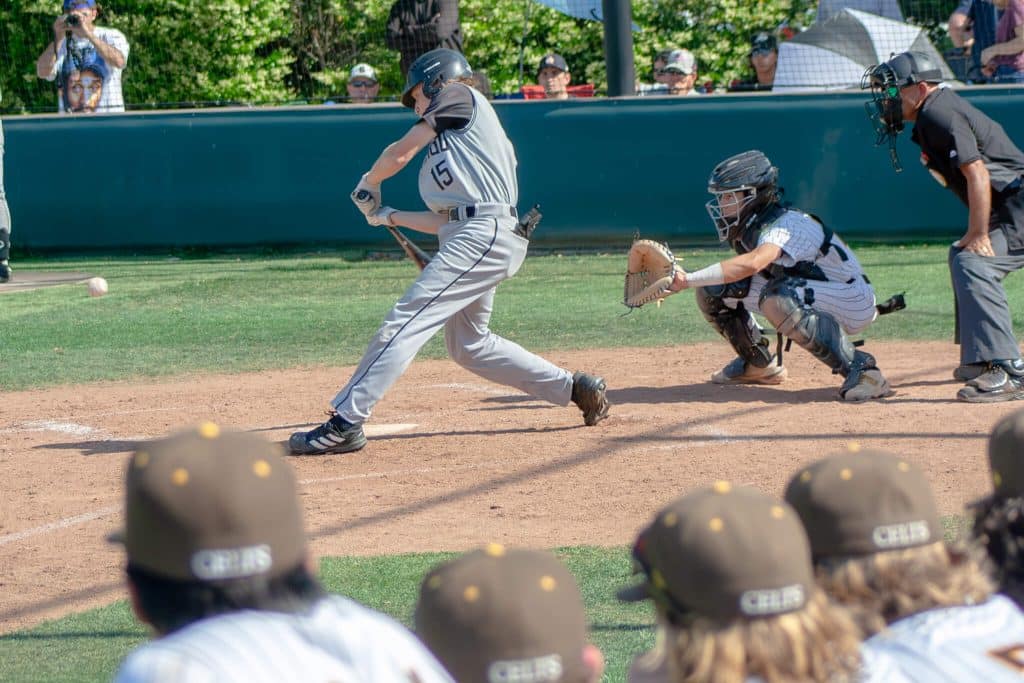 Santiago vs Crespi. Ethan Monroe square’s up an RBI single in the top of the 4th, knocking-in Austin Gamell who had doubled, cutting the Sharks deficit to 3-1.