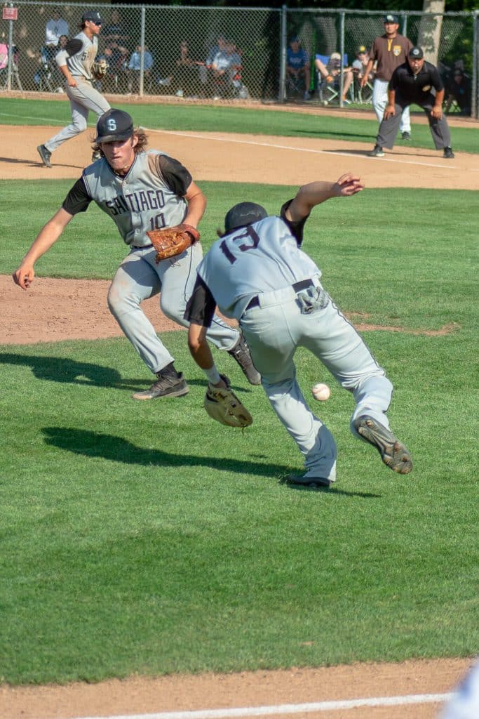 Santiago vs Crespi. With Crespi runners on 1st and 2nd, no outs in the bottom of the 6th and the score tied, Santiago 3rd baseman Isaiah Hernandez attempted the force at 3rd, but the throw went into left field, resulting in the Celts scoring the go-ahead run.