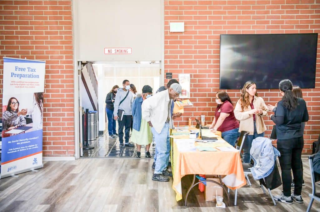 California Bills. Taxpayers lined up for complimentary tax preparation services at the Nakaok Community Center in Gardena on April 1, 2023.