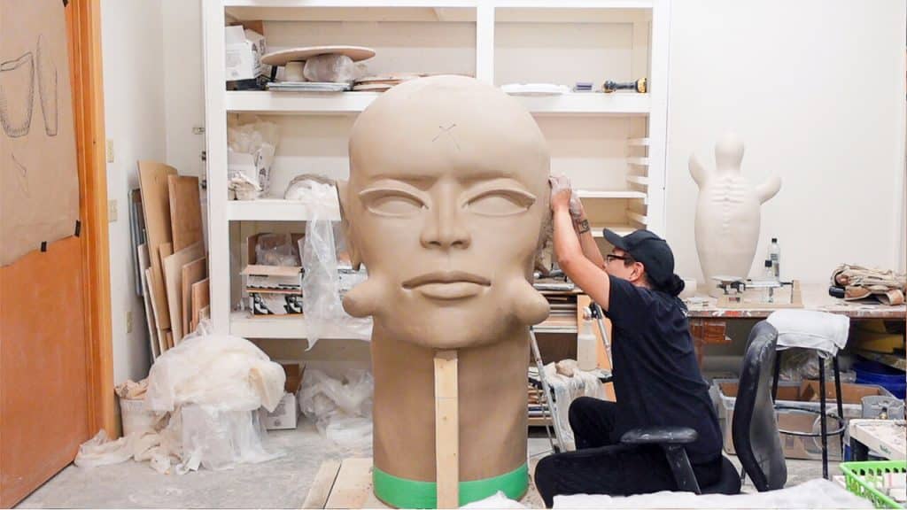 Inside the studio: Ortiz creates a large-scale bust during his artist-in-residence at the Archie Bray Foundation for the Ceramic Arts, Helena, Montana, Fall of 2021. 
Credit: ©Virgil Ortiz
