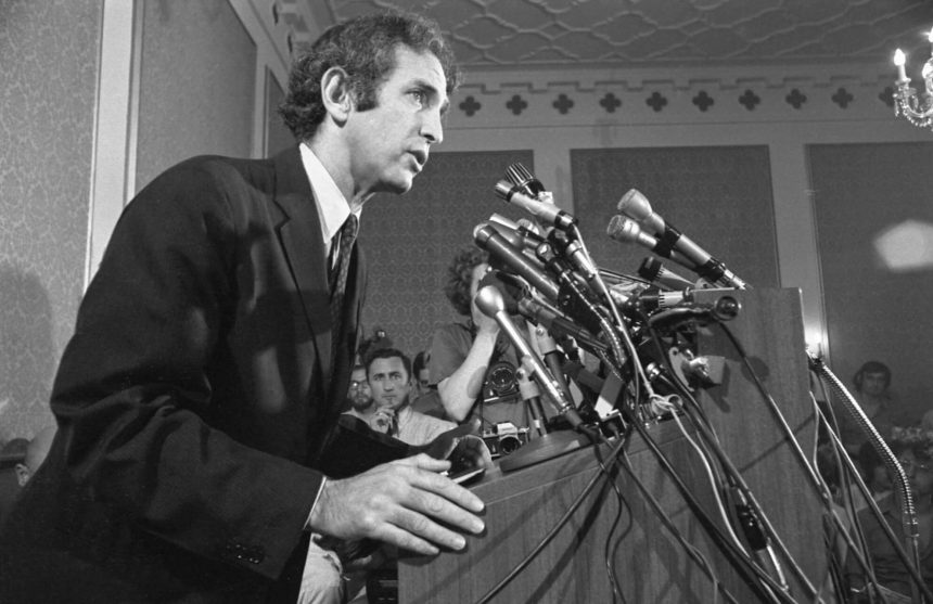 FRIDAY June 30, 2023  Daniel Ellsberg leaning into the podium, speaking at a press conference following the Supreme Court decision to allow publication of the Pentagon Papers. Ellsberg died two weeks ago on June 16 at the age of 92. Credit: Photo by Jeff Albertson, courtesy of the Daniel Ellsberg Papers Collection at UMass Amherst