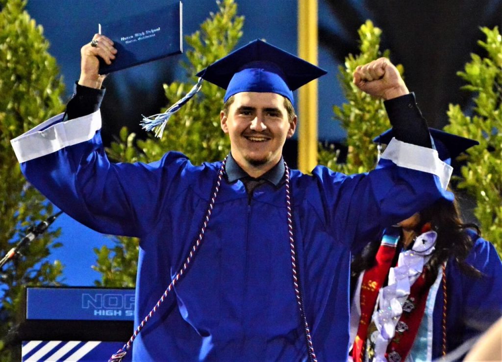 Torin Benham celebrates during the Norco High Class of 2023 Commencement.