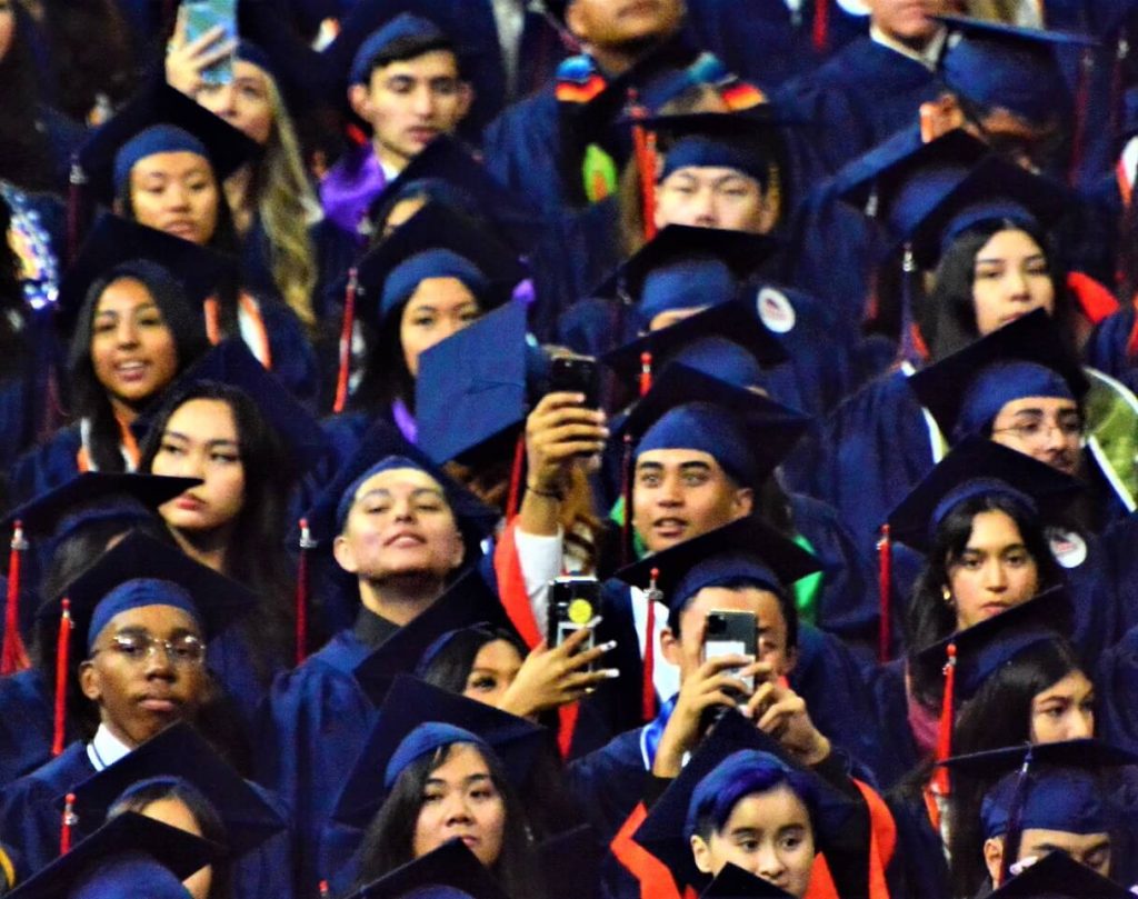 Eastvale Roosevelt Class of 2023 Graduates record fellow classmates receiving their diplomas. Over 1100 Mustangs participated in Commencement Exercises. 