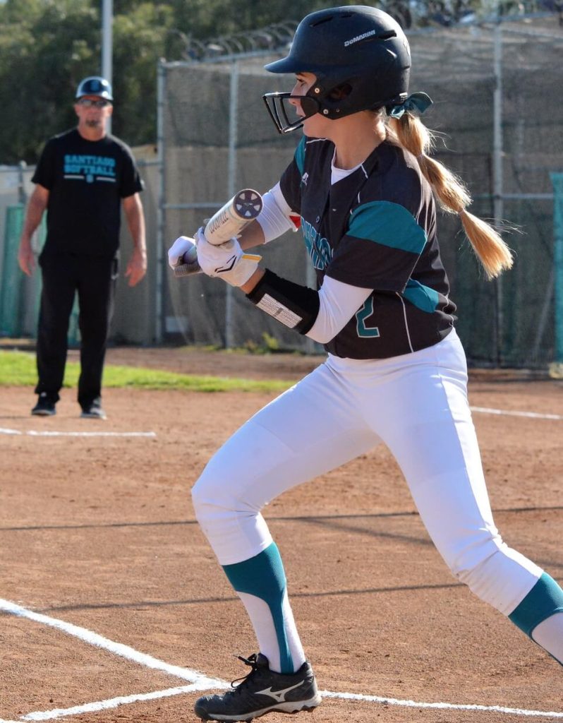 Santiago’s Stella Bennett leading-off vs Norco , March 12, 2019. Credit: Photo by Gary Evans