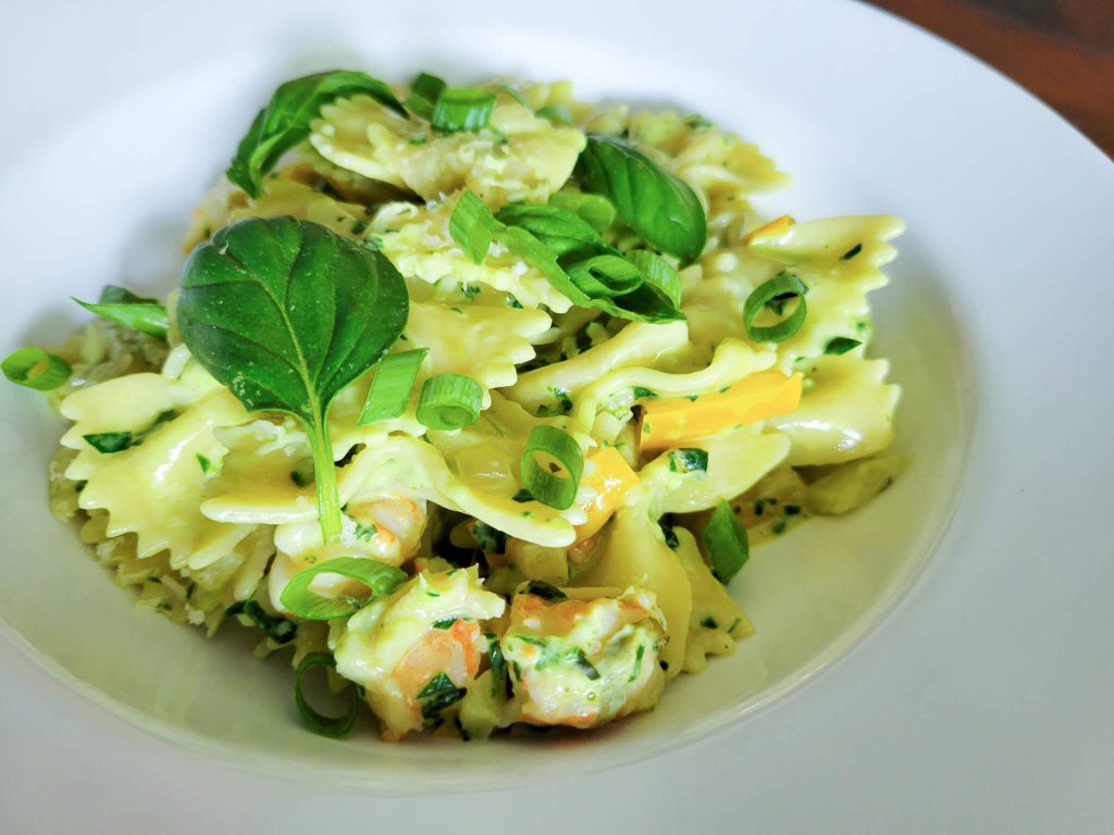 Shrimp Pasta in a Creamy Basil and Spinach Sauce