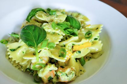 Shrimp Pasta in a Creamy Basil and Spinach Sauce