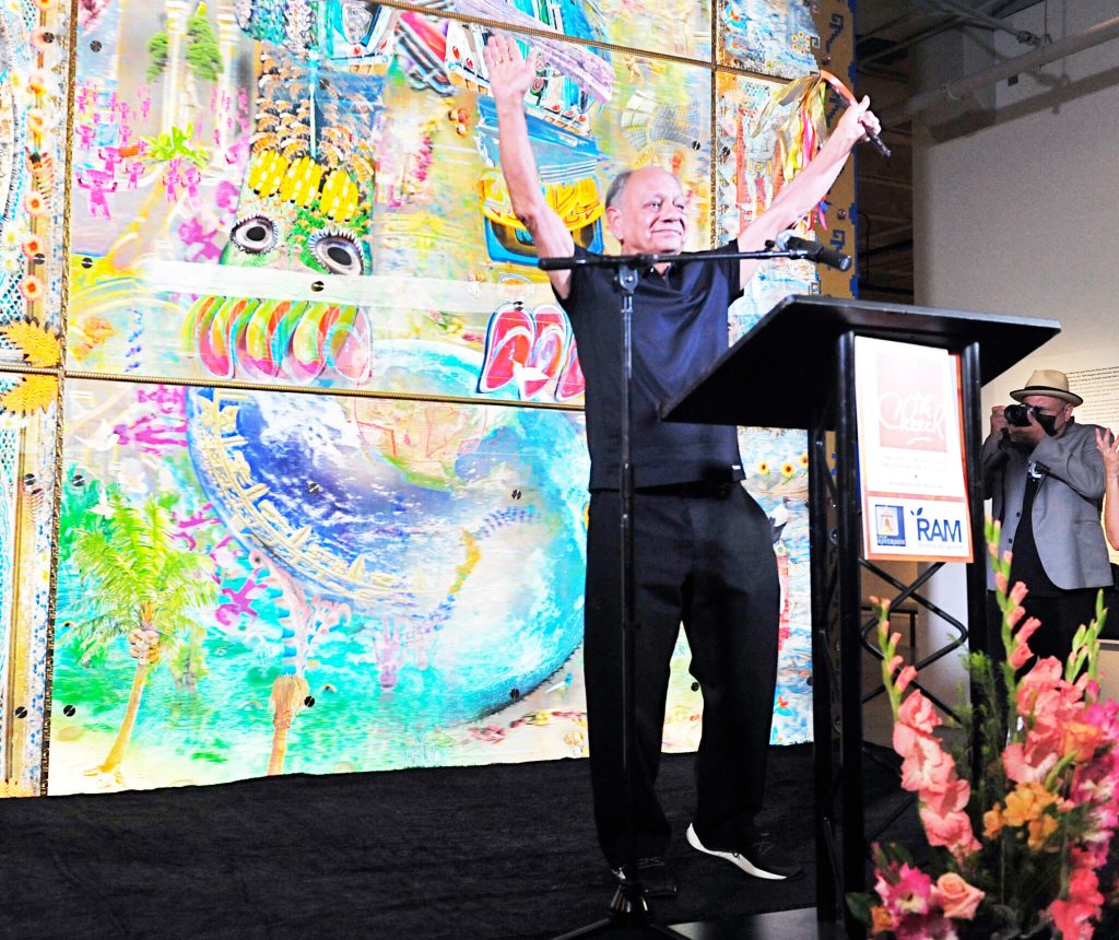 Riverside Art Museum. Cheech Marin exults as he holds up the key to the City of Riverside presented to him in June 2022, at the opening of the Riverside Art Museum’s Cheech Center for Arts & Culture. Credit: Photo by Jerry Soifer