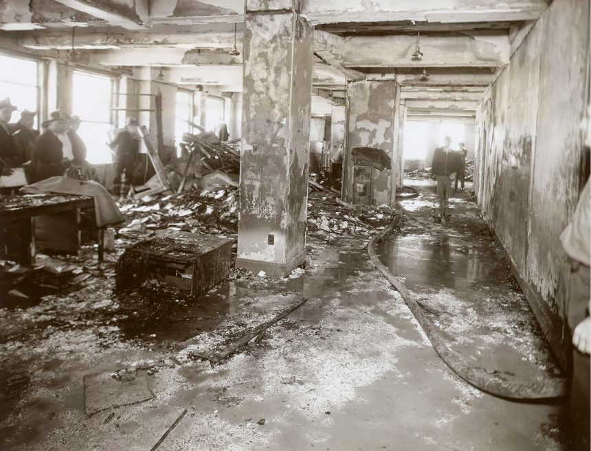 July 28 Interior of the 79th floor of the Empire State Building in New York City after a U.S. Army Bomber flying in dense fog plowed into what was then the world’s tallest building. The 3 crewmembers and 11 others, both in the building and on the street below were killed.